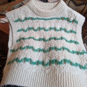 Zara Cream and Green Patterned Sweater Vest